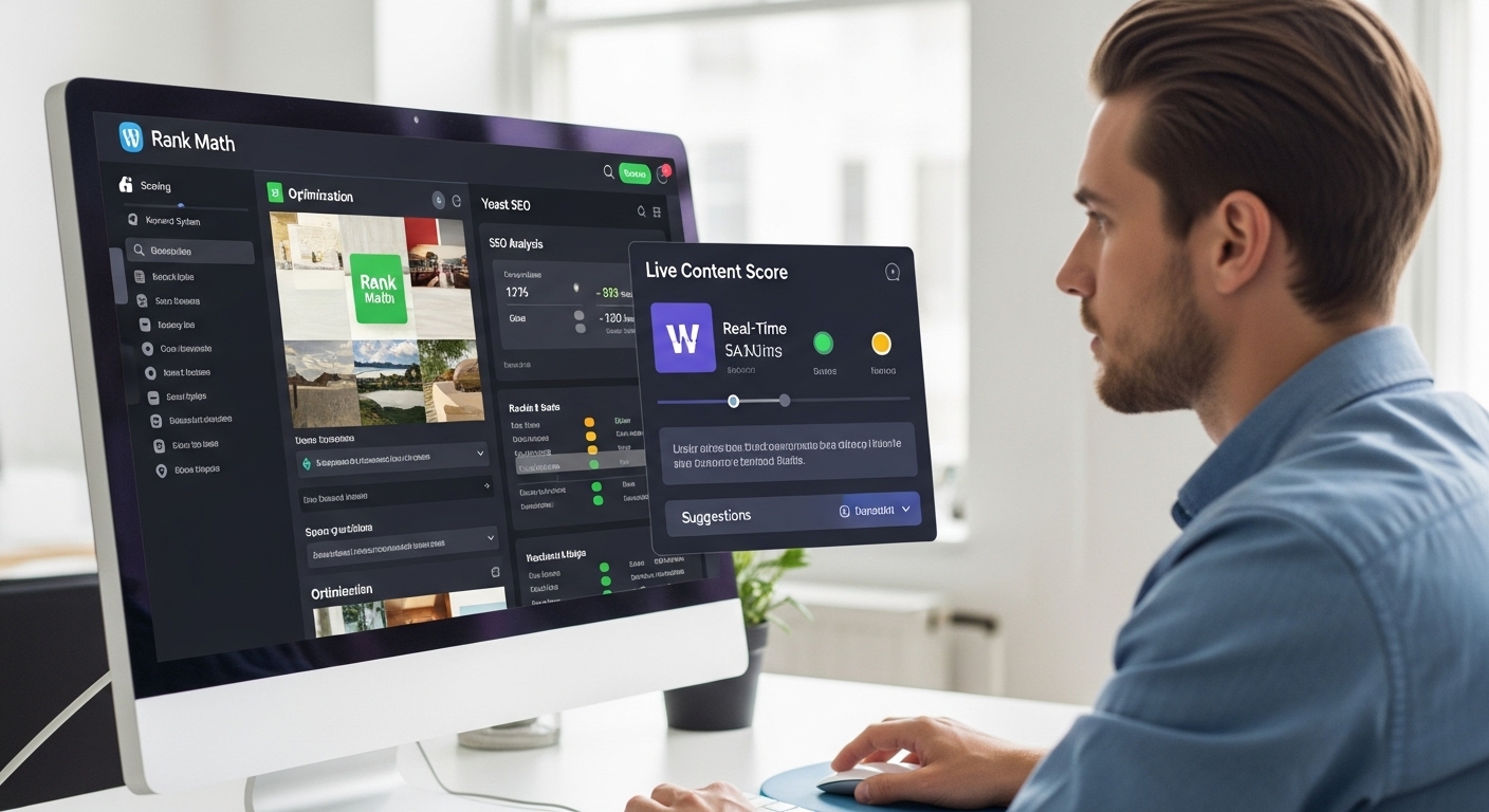 AI 도구와 워드프레스 SEO 플러그인을 활용하여 SEO를 실시간 최적화하는 마케터 모습