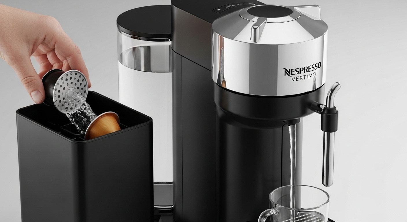 일상 헹굼 과정을 보여주는 네스프레소 버츄오 커피 머신의 클로즈업 이미지