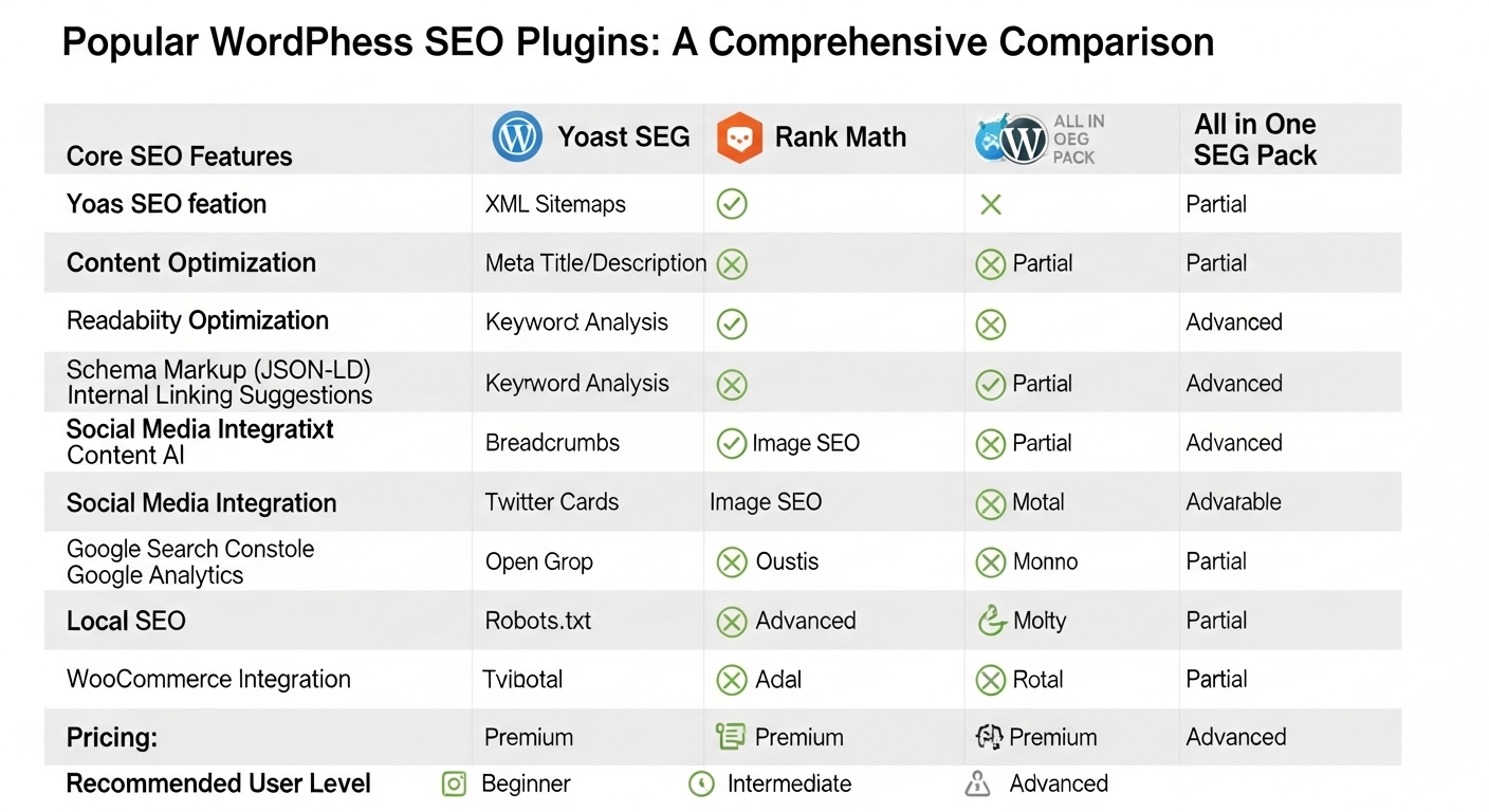 워드프레스 SEO 플러그인 종류와 특징 비교 차트 그래픽