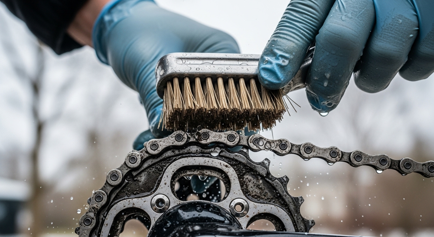 겨울에 자전거 체인과 스프라켓을 디그리서와 브러시로 세척하는 모습