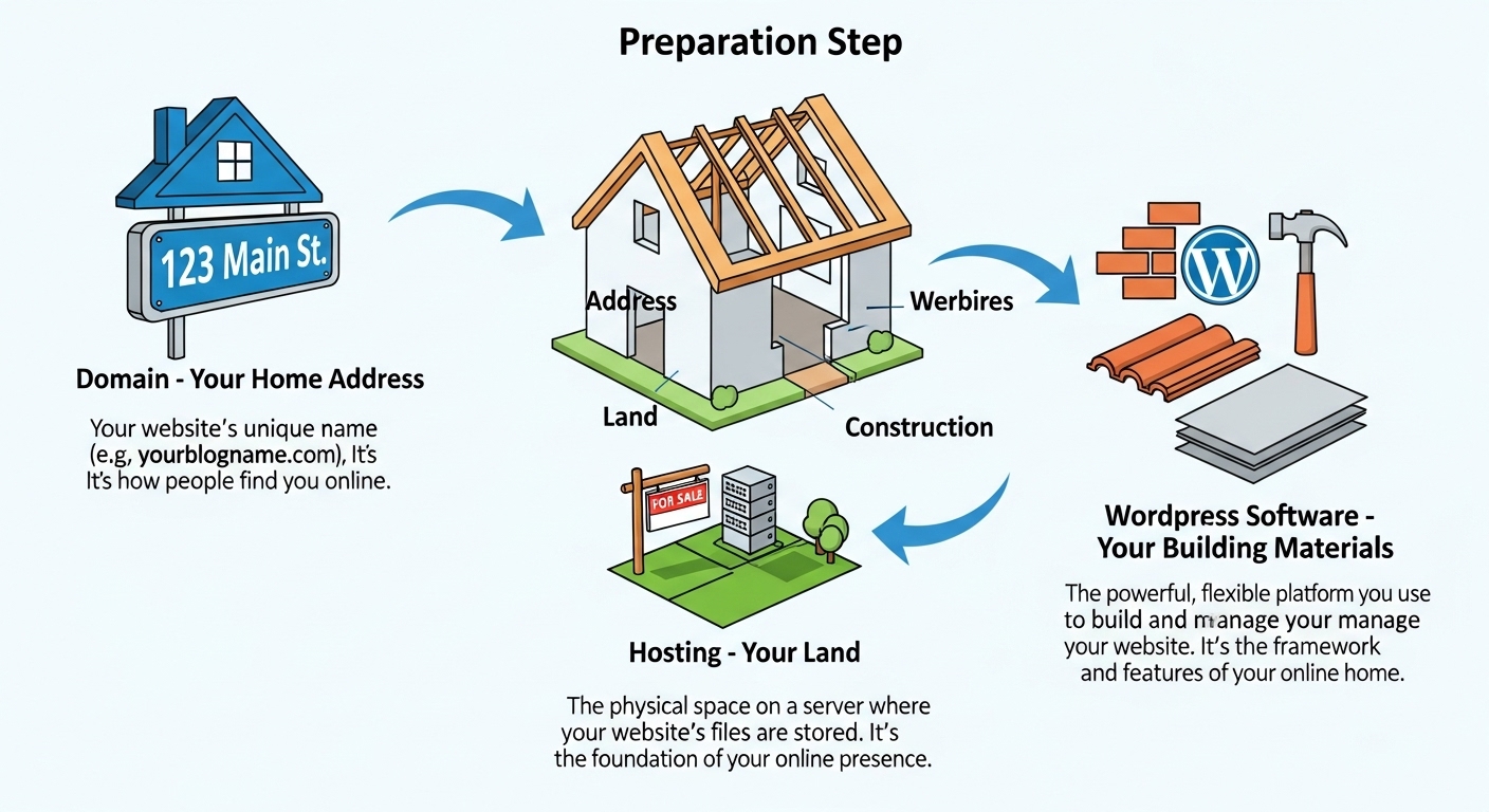워드프레스 블로그 시작 전 필수 준비물을 집 짓기에 비유해 보여주는 인포그래픽