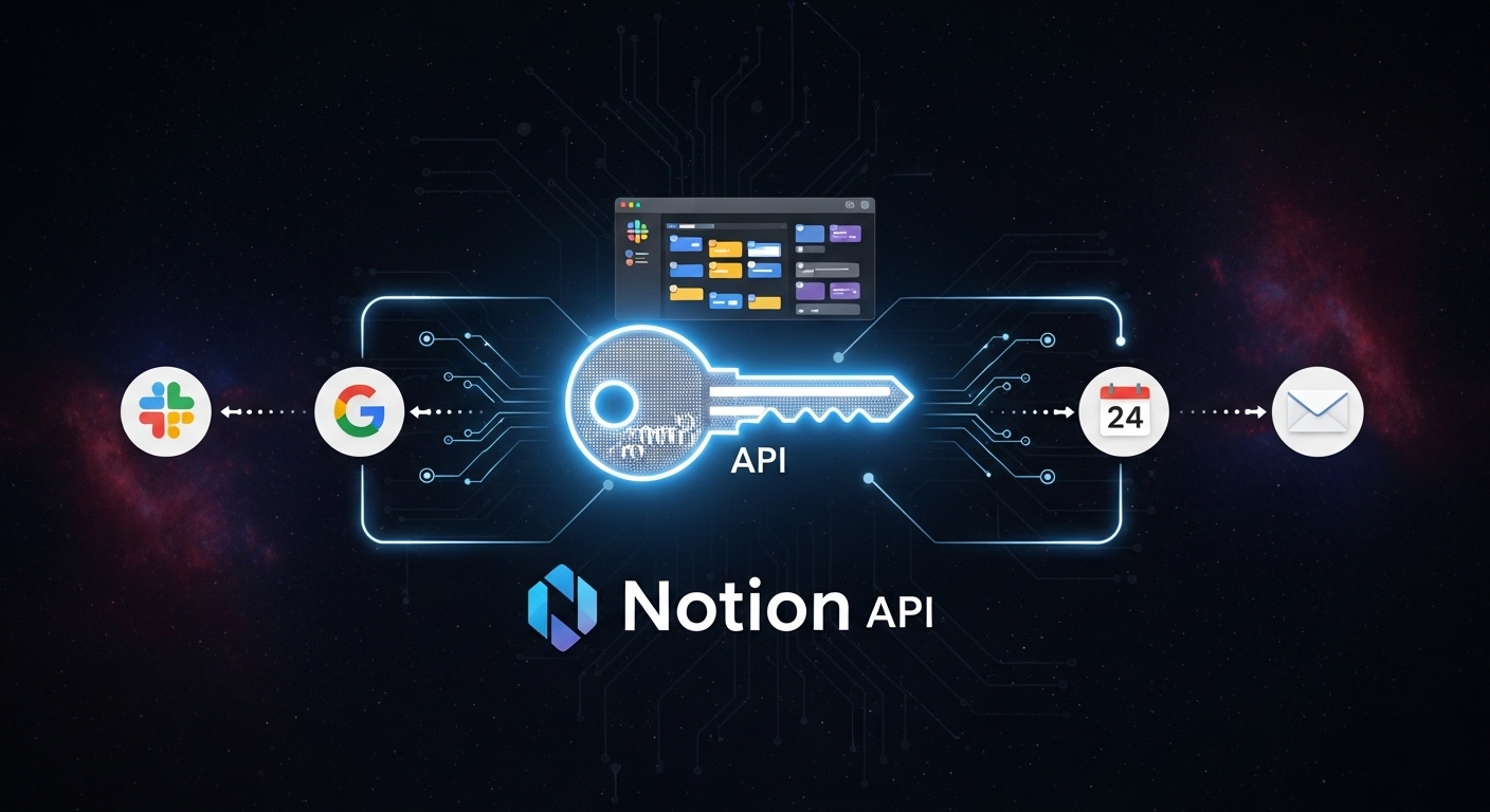노션 API가 외부 서비스와 노션을 연결하는 디지털 열쇠를 시각화한 이미지