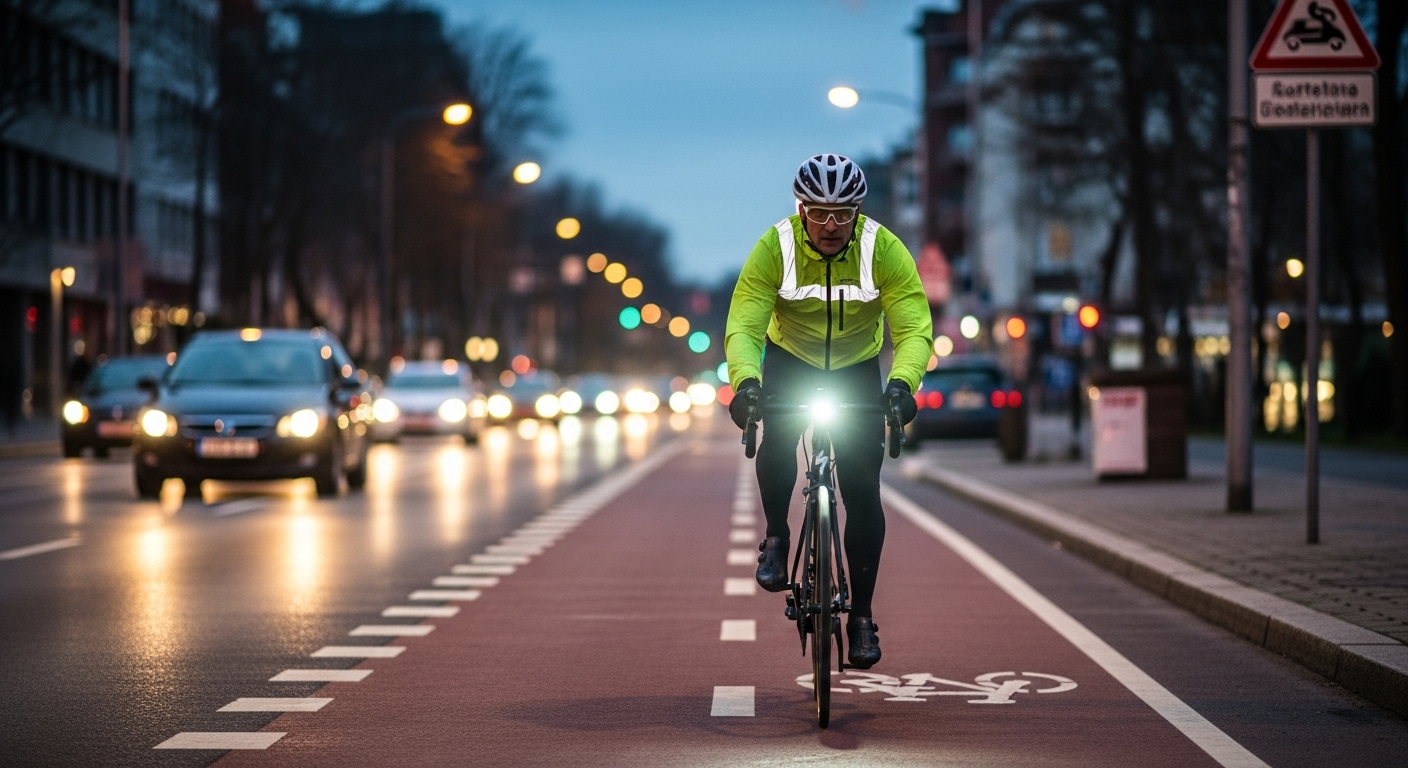 안전 장비를 착용하고 야간 자전거도로에서 안전하게 주행하는 자전거 출퇴근자의 모습