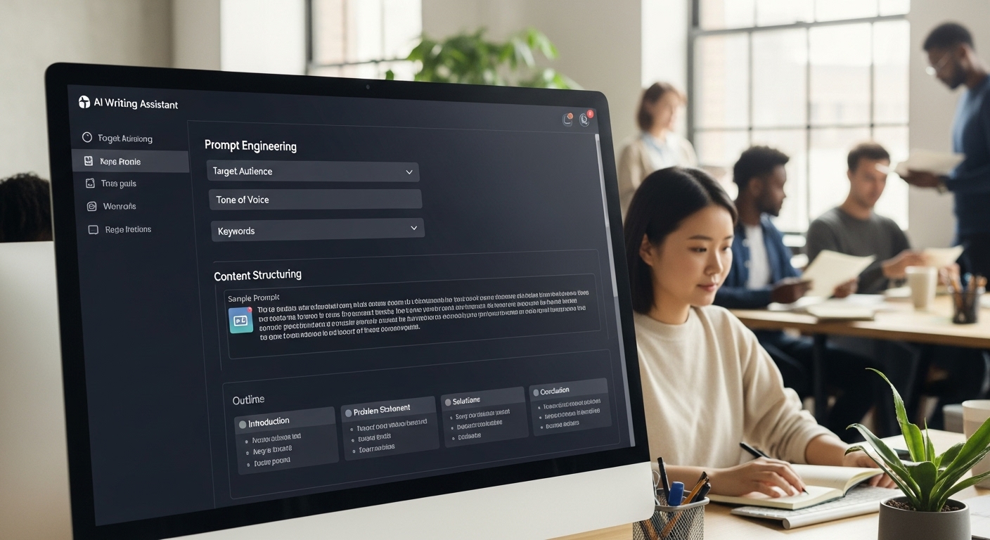 프롬프트 엔지니어링과 콘텐츠 구조화를 보여주는 AI 글쓰기 어시스턴트 프로그램 화면