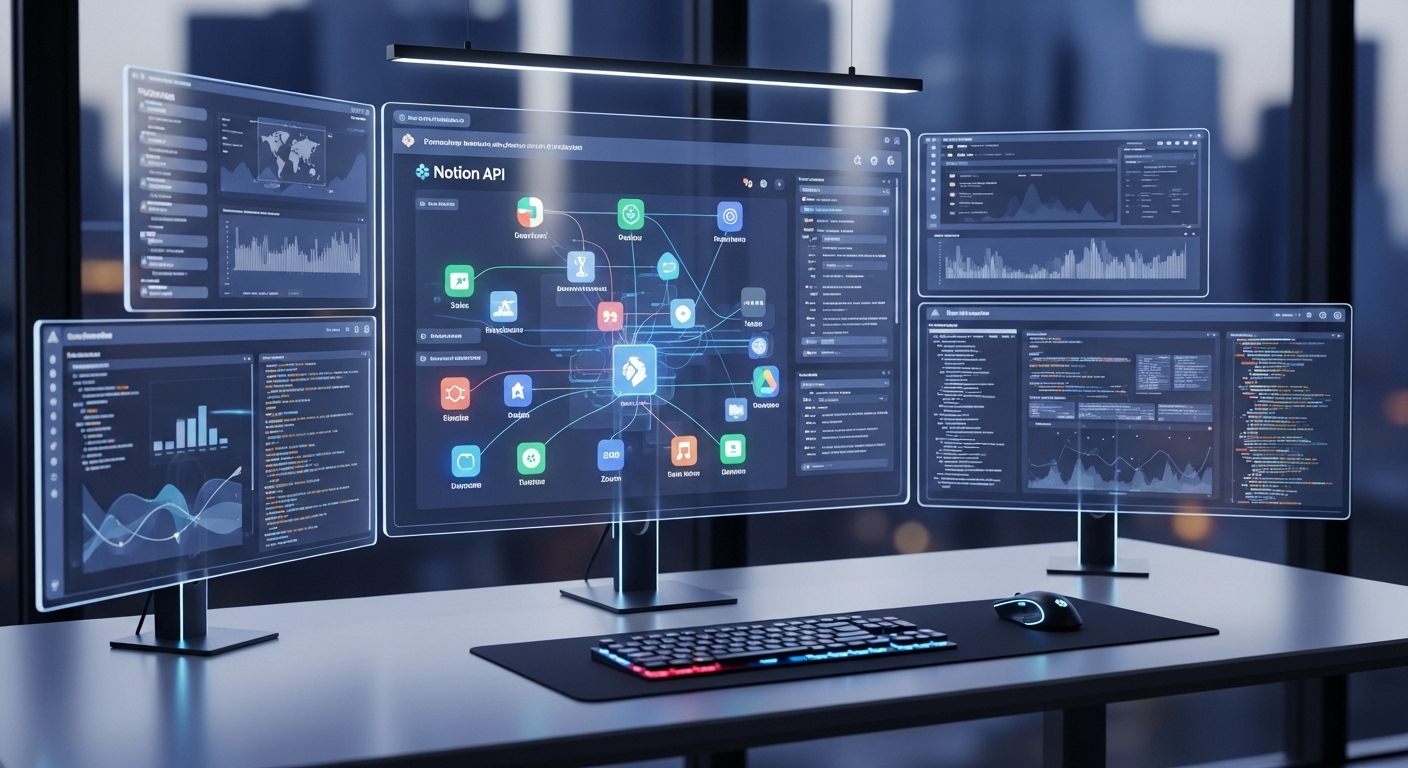 노션 API의 기본 개념과 다양한 서비스 연동을 보여주는 디지털 작업 공간 이미지
