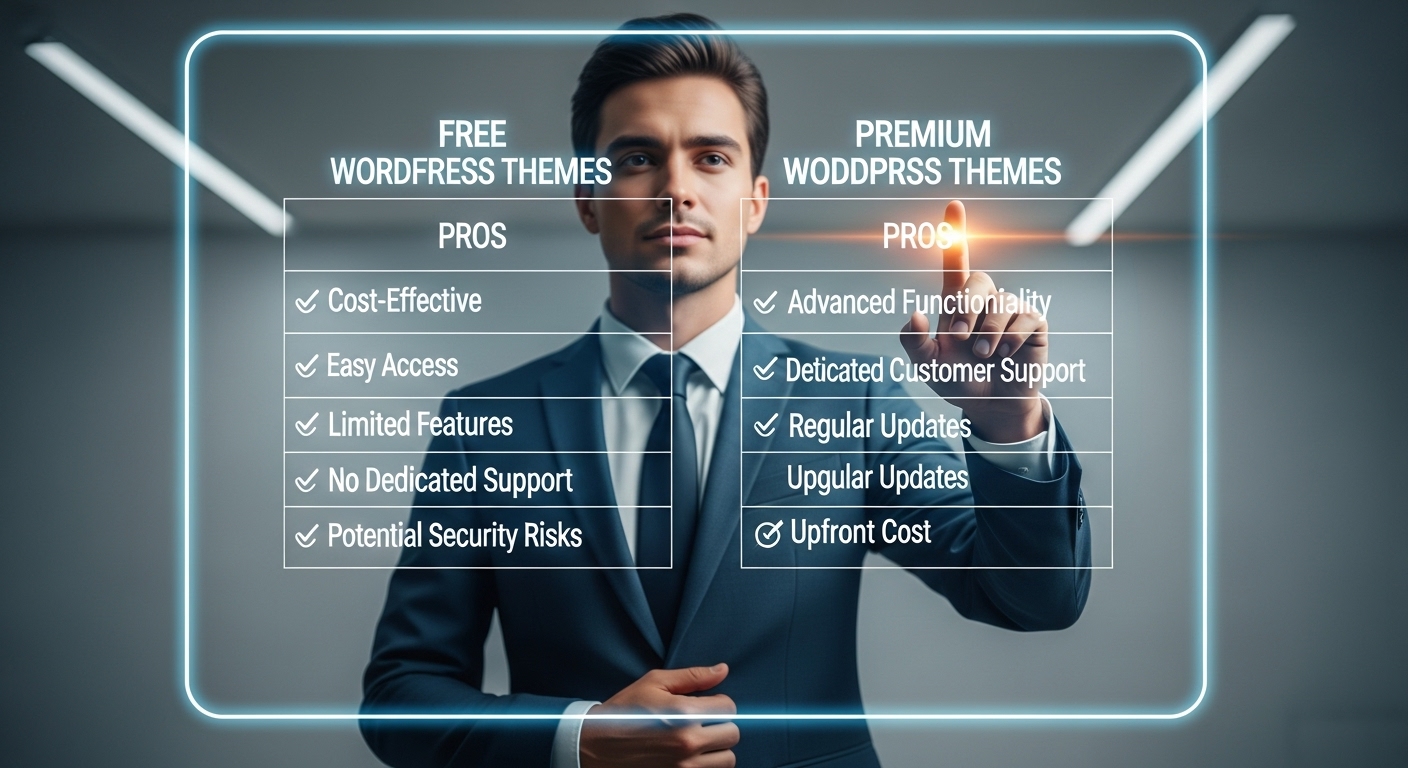 비즈니스 사용자가 무료와 유료 워드프레스 테마를 비교하며 장단점을 검토하는 장면을 담은 이미지