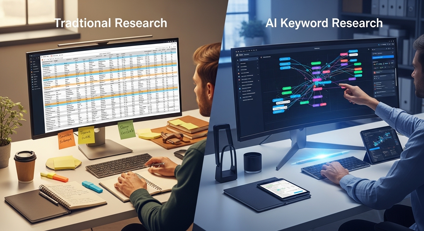 전통적 키워드 연구 방식과 AI 기반 키워드 연구 방식의 비교 이미지