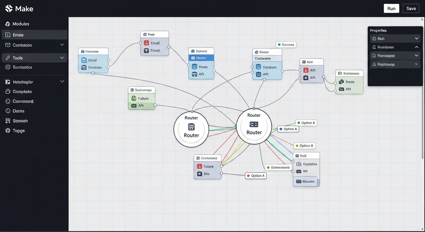 Make 플랫폼의 시각적 워크플로우 빌더와 라우터 기능을 보여주는 인터페이스