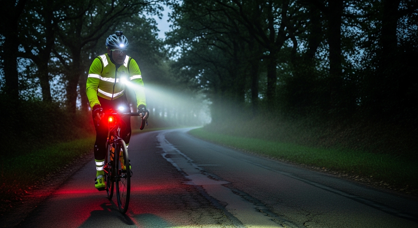 파리 브레스트 파리 1200km 대회를 대비하여 야간 라이딩 훈련을 하는 라이더 모습