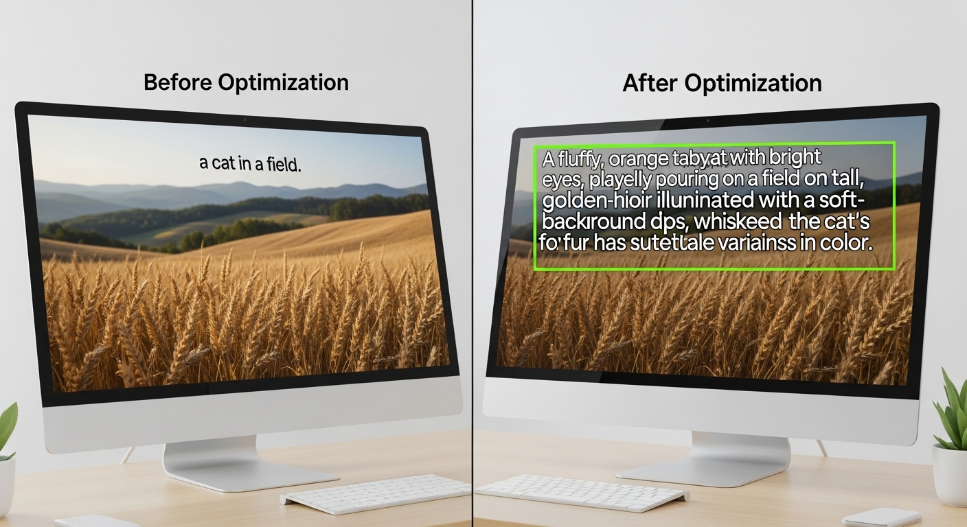 AI 프롬프트 최적화 전후 차이를 보여주는 컴퓨터 화면 비교 이미지
