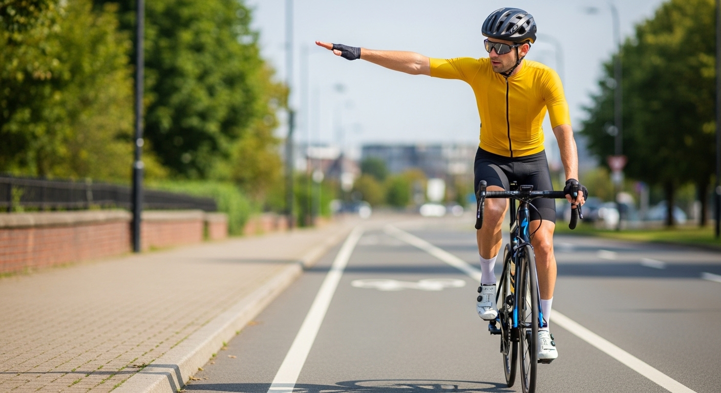 자전거 안전운전 수칙에 따른 좌회전 수신호를 하는 라이더 모습